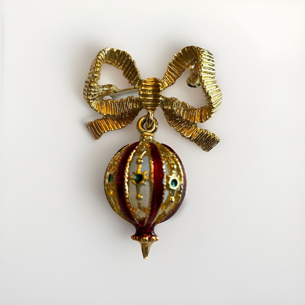 Vintage Christmas Ornament Brooch Gold Tone Red Enamel Rhinestone Bow Pin 2.5 in